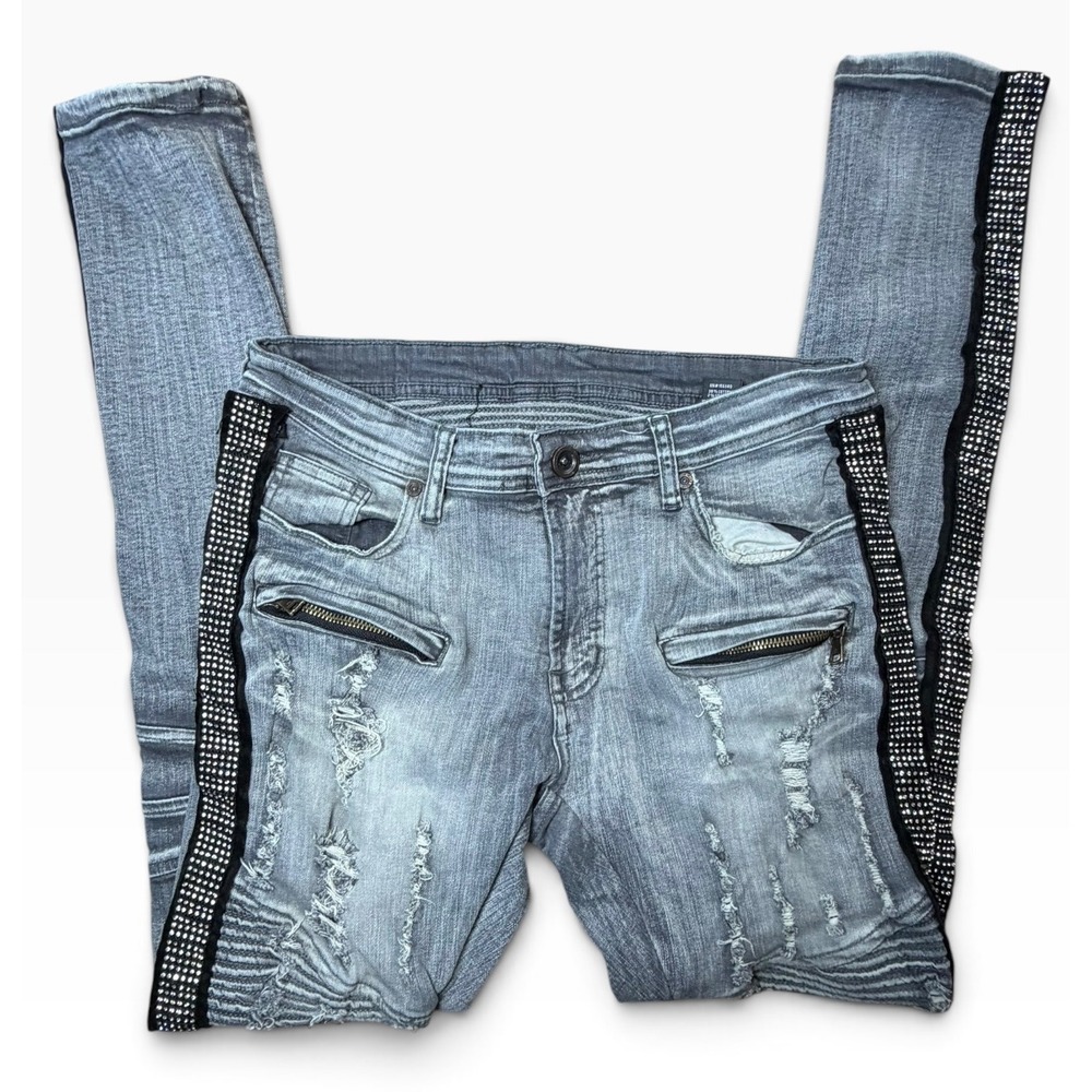 Focus Mens Light Wash Distressed Moto Biker Jeans Rhinestone Side Stripe Size 31